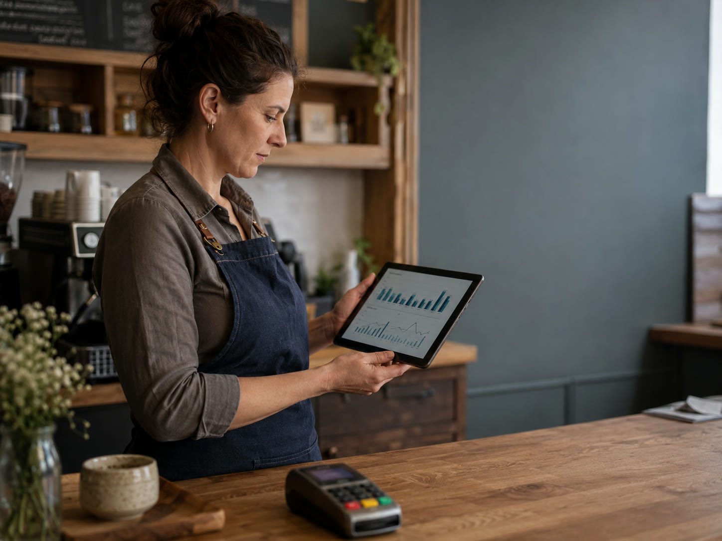 Small-business owner reviewing a sales analytics dashboard on a tablet at the counter